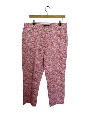 Lauren Ralph Lauren White Pink Floral Print Ankle Pants Size 14 Cottage Coastal